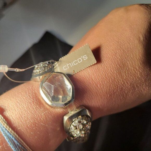 Chicos Roselle Bracelet Clear Crystal Rhinestone‎ Statement Silver Stretch New - Picture 3 of 7